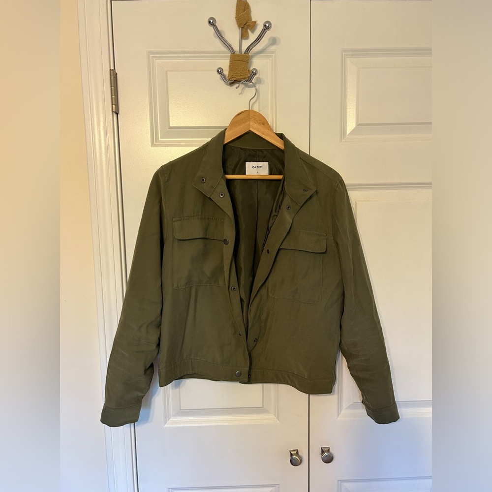 Old navy army green, slightly cropped jacket, size small